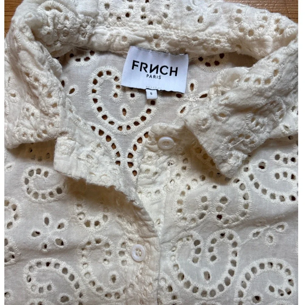 FRNCH Eyelet‎ Lace Shirt Women Cream Excellent Short Sleeve SIZE S - Picture 3 of 6